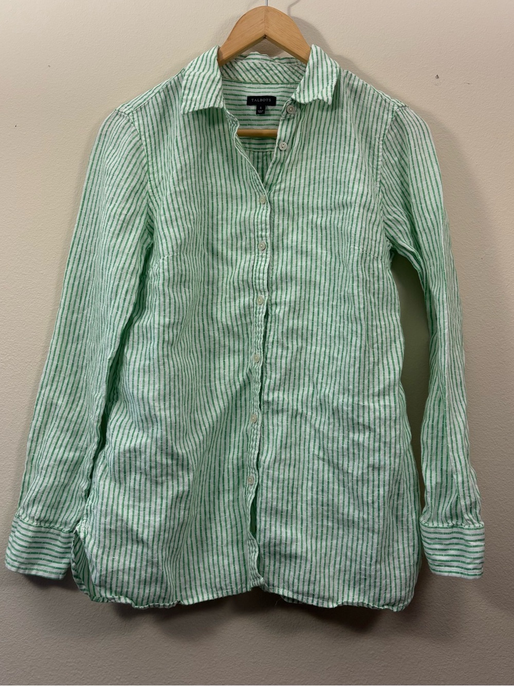 Talbots Button Up Shirt green White 100% Linen Striped Long Sleeves Summer S